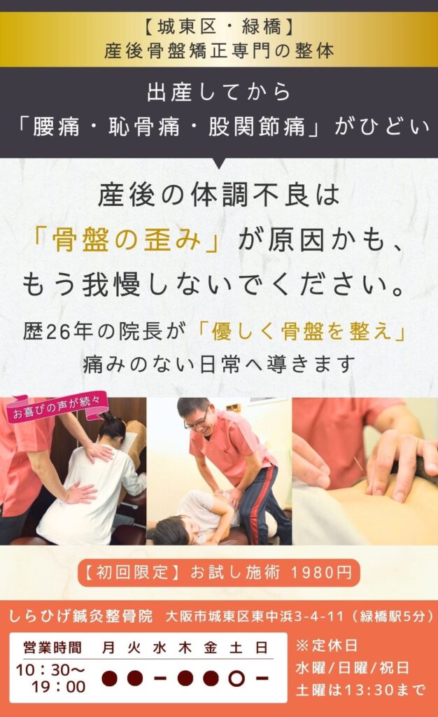 大阪市城東区緑橋の産後骨盤矯正専門整体｜産後の腰痛・恥骨痛・股関節痛を歴26年の院長が優しく改善