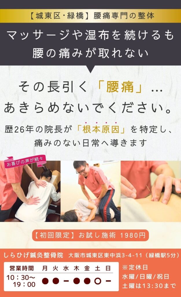 【城東区・緑橋】腰痛専門の整体をお探しの方へ。マッサージや湿布を続けるも腰の痛みが取れないその長引く「腰痛」、あきらめないでください。歴26年の院長が根本原因を特定し、痛みのない日常へ導きます。しらひげ鍼灸整骨院（大阪市城東区・緑橋駅5分）。
