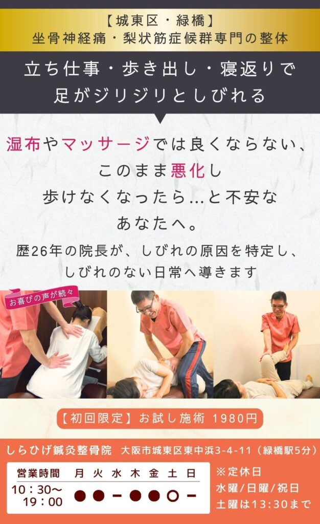 坐骨神経痛専門整体。立ち仕事・歩き出し・寝返りで足がジリジリとしびれる。 湿布・マッサージでは良くならない。 このまま歩けなくなったら…と不安なあなたへ。 歴26年の院長が、しびれの原因を特定し、しびれのない日常へ導きます。 城東区・緑橋のしらひげ鍼灸整骨院。初回お試し施術1980円。