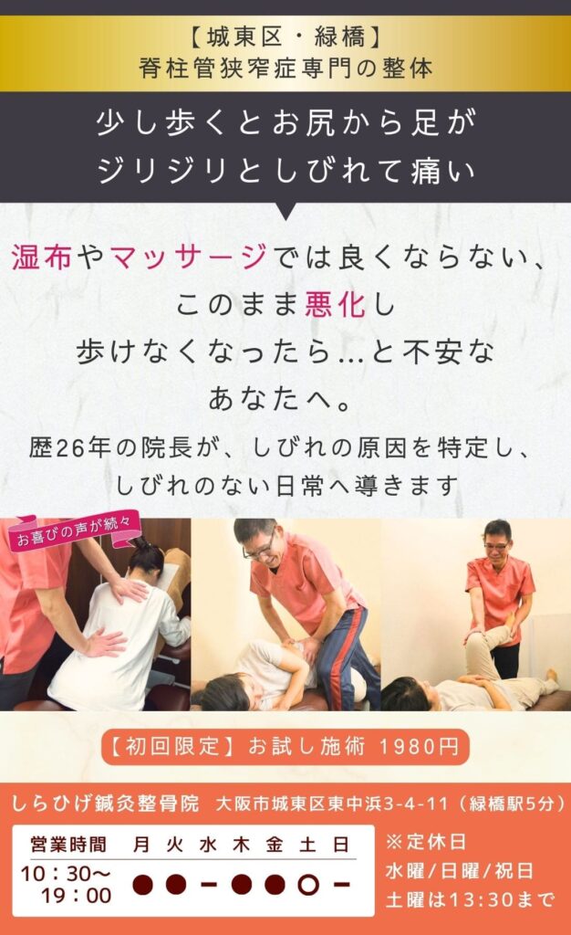脊柱管狭窄症専門整体。少し歩くとお尻から足がジリジリとしびれて痛い
湿布やマッサージでは良くならない、
このまま悪化し歩けなくなったら…と不安なあなたへ。
歴26年の院長が、しびれの原因を特定し、歩ける日常へ導きます。
城東区・緑橋のしらひげ鍼灸整骨院。初回お試し施術1980円。