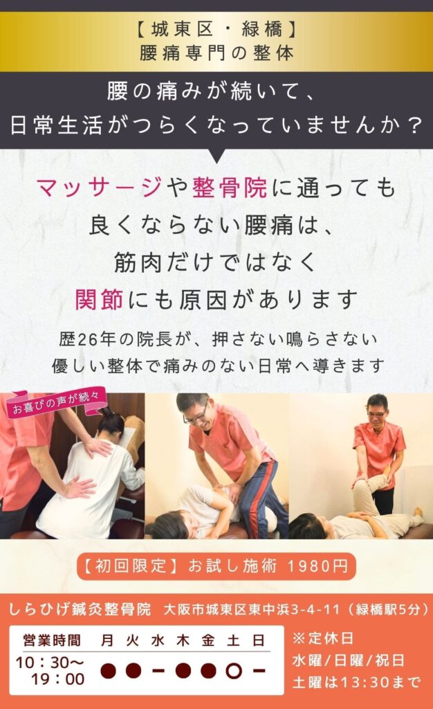 城東区・緑橋の腰痛専門の整体・整骨院。腰が痛い方・腰の痛みが続く方へ。整形外科で異常なし・マッサージで改善しない腰痛を根本改善。初回1,980円。緑橋駅5分。