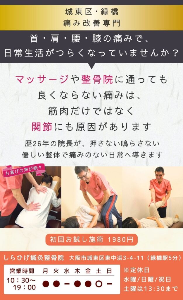 城東区、緑橋で整骨院をお探しならしらひげ鍼灸整骨院へ。
首・肩・腰・膝が痛くて仕事や家事がツラいあなたへ。
押さない鳴らさない優しい整体で痛みのない日常へ導きます。
緑橋駅近く、初回お試し施術1980円。
