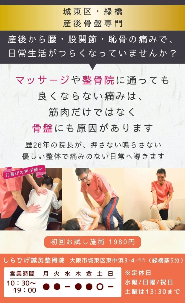城東区、東成区、緑橋で産後骨盤矯正、産後の腰痛、股関節、恥骨でお悩みならしらひげ鍼灸整骨院へ。
マッサージでは良くならない痛みを押さない鳴らさない優しい整体で、。
歴26年の院長が痛みのない日常へ導きます。
緑橋駅近く、産後骨盤矯正初回お試し施術1980円。