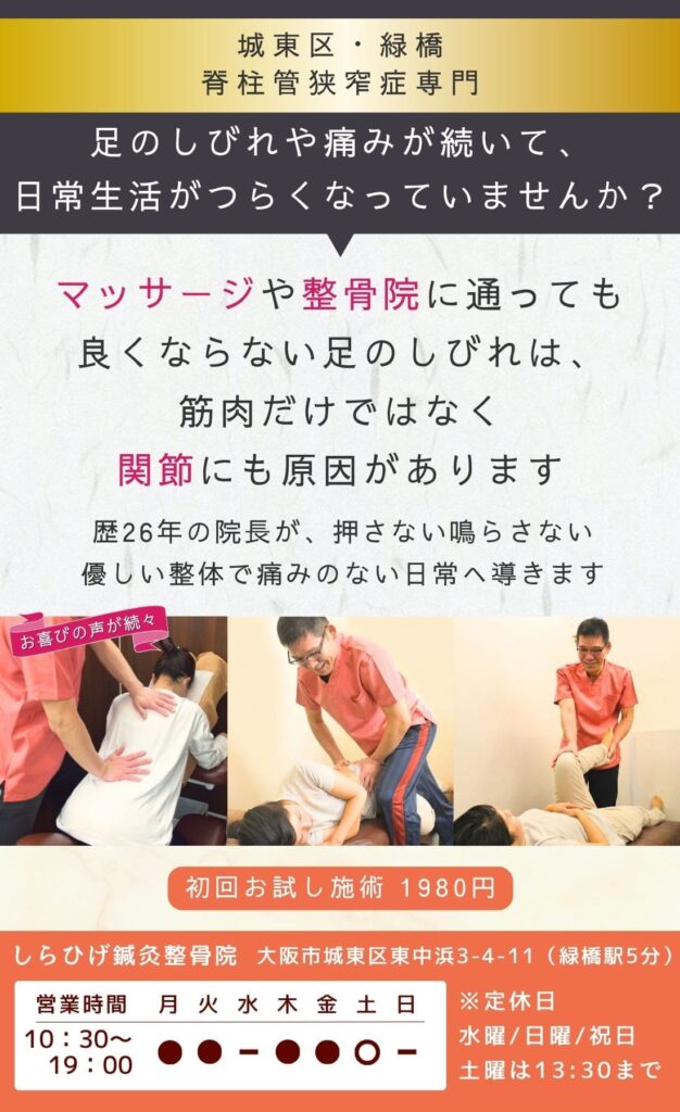 脊柱管狭窄症専門整骨院。少し歩くとお尻から足がジリジリとしびれて痛い
湿布やマッサージでは良くならない、
このまま悪化し歩けなくなったら…と不安な方。
城東区・緑橋のしらひげ鍼灸整骨院。初回お試し施術1980円。