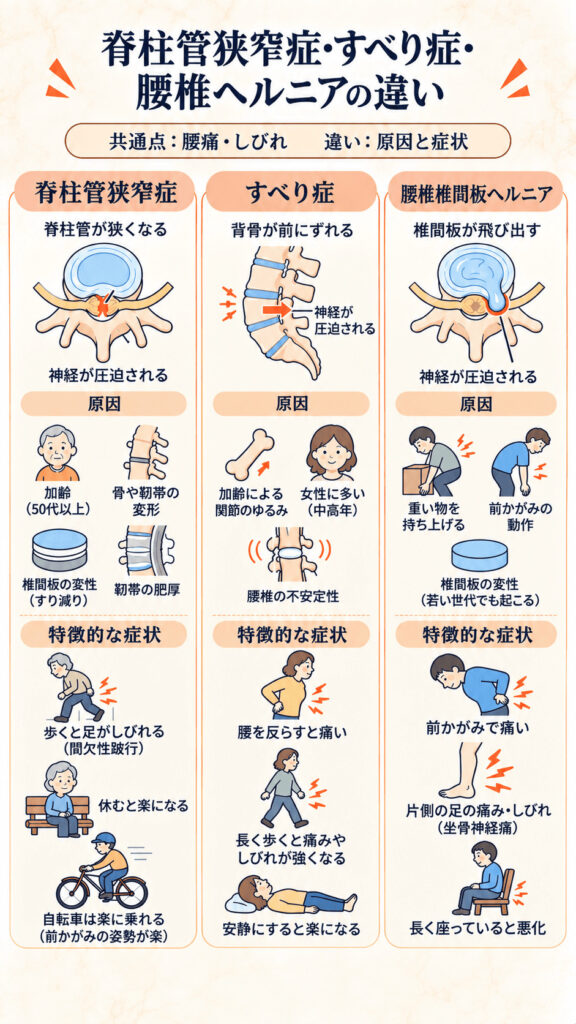 脊柱管狭窄症　すべり症　腰椎椎間板ヘルニアの違い