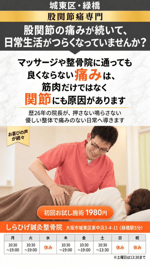 緑橋の股関節痛専門の整骨院・整体院。マッサージでは良くならない股関節の痛み。 押さない鳴らさない優しい整体で、歩ける日常へ導きます。 股関節が痛い方へ。初回お試し施術1980円。